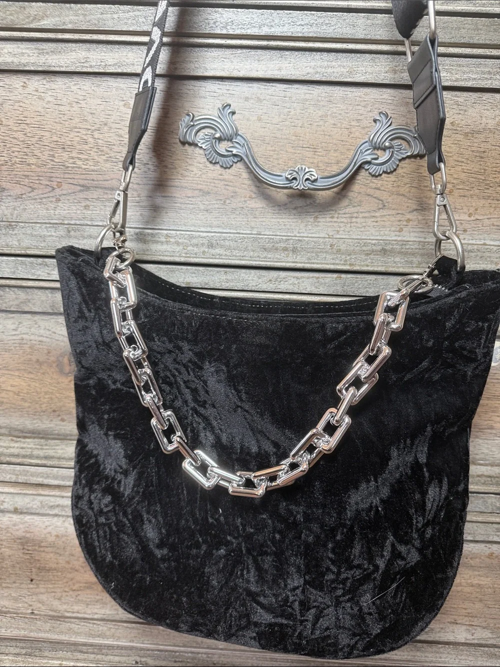 Quilted Koala Large Citi Bag Black Velvet Bag with Silver Chain and Love Strap
